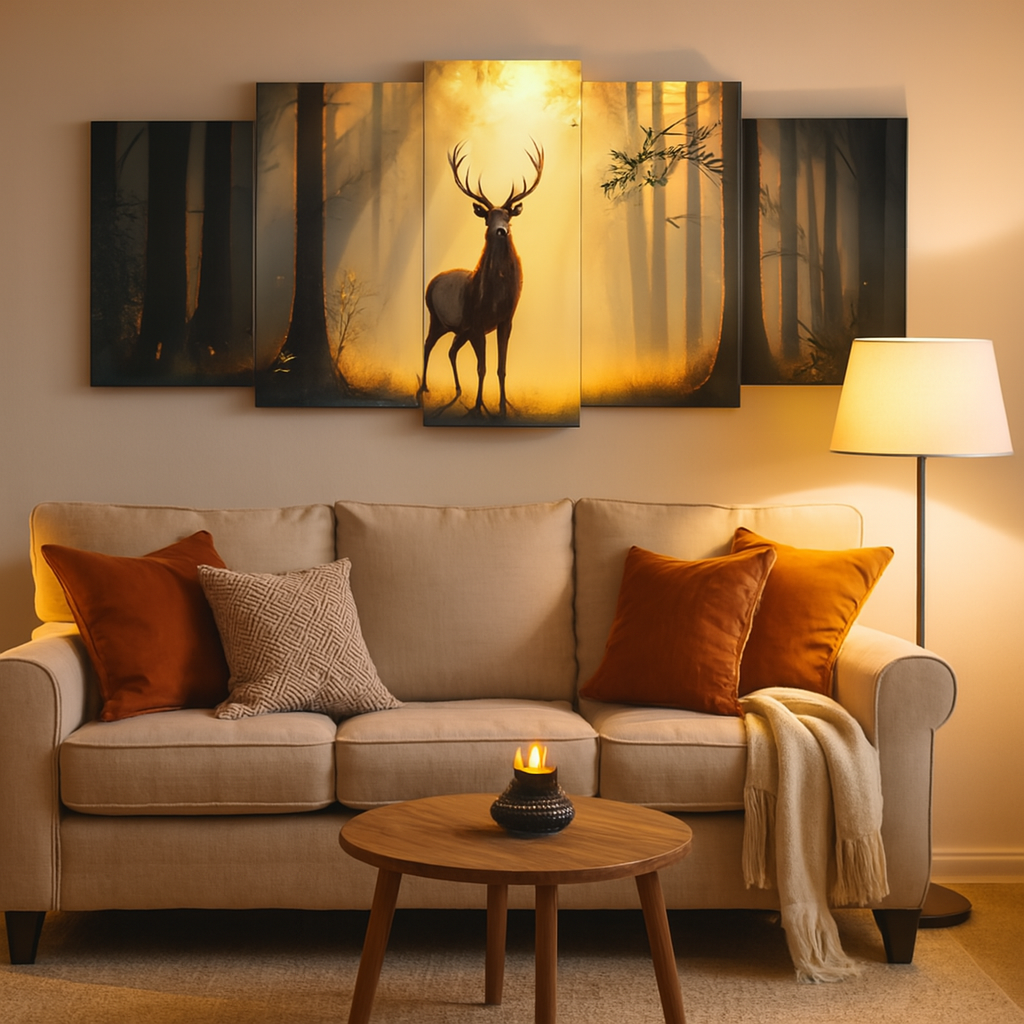 5-Piece Wooden Wall Frame – Deer in Forest Sunset Design | 16x40 Inch with Sticky Tiles - Image 2