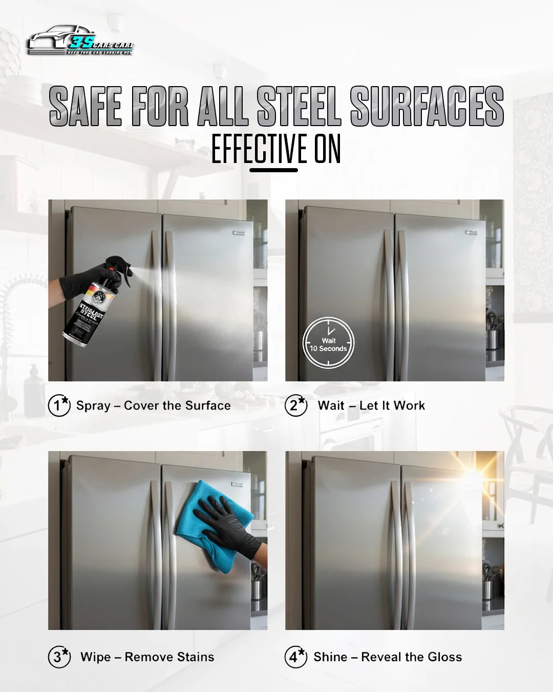 Stainless Steel Cleaner & Polish – Fingerprint Remover & Protective Shine Spray | THREE GUYS - German Engineered (250) ML - Image 2