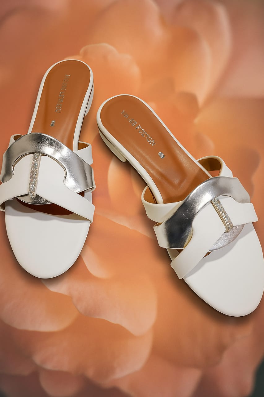 White & Silver Premium Slippers – Elegant Design, Comfy Feel & Stylish Look | Shine with every step — comfort, elegance and class in one perfect pair | Slipper | Slipper For Women (With Box)