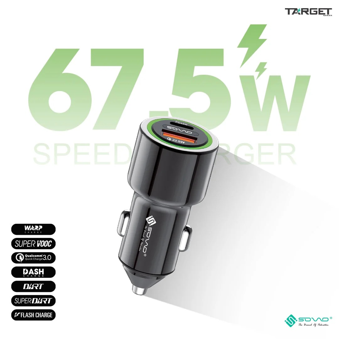 SOVO Fast Car Charger with USB PD, QC 3.0 and Super VOOC Support for All Mobile Devices - Image 2