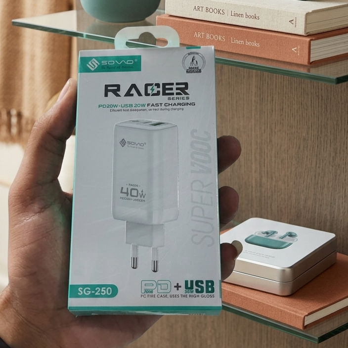 SOVO Racer Series SG-250 40W Dual Port Fast Charger | USB-A + USB-C PD Wall Adapter