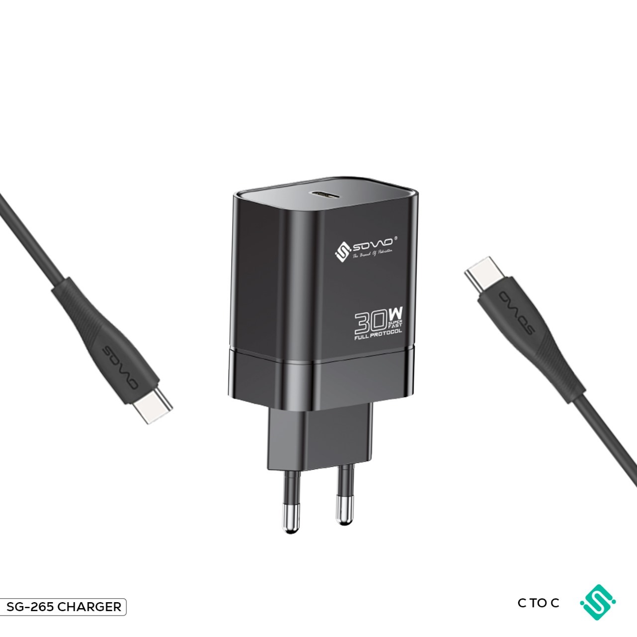 SOVO SG-265 LAZER 30W Super Fast C to C Charger – PD & QC 3.0 Type-C Adapter with Type-C Cable