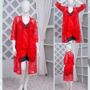 3 Pcs Luxurious Silk & Net Black Lace Women's Sleepwear Set Top Short & Gown Nightwear (Free Size)