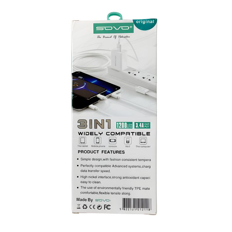 SOVO High Quality 3-in-1 Fast Charging Cable – Multi Charging Cable for Micro USB, Type-C & Lightning Devices - Image 3