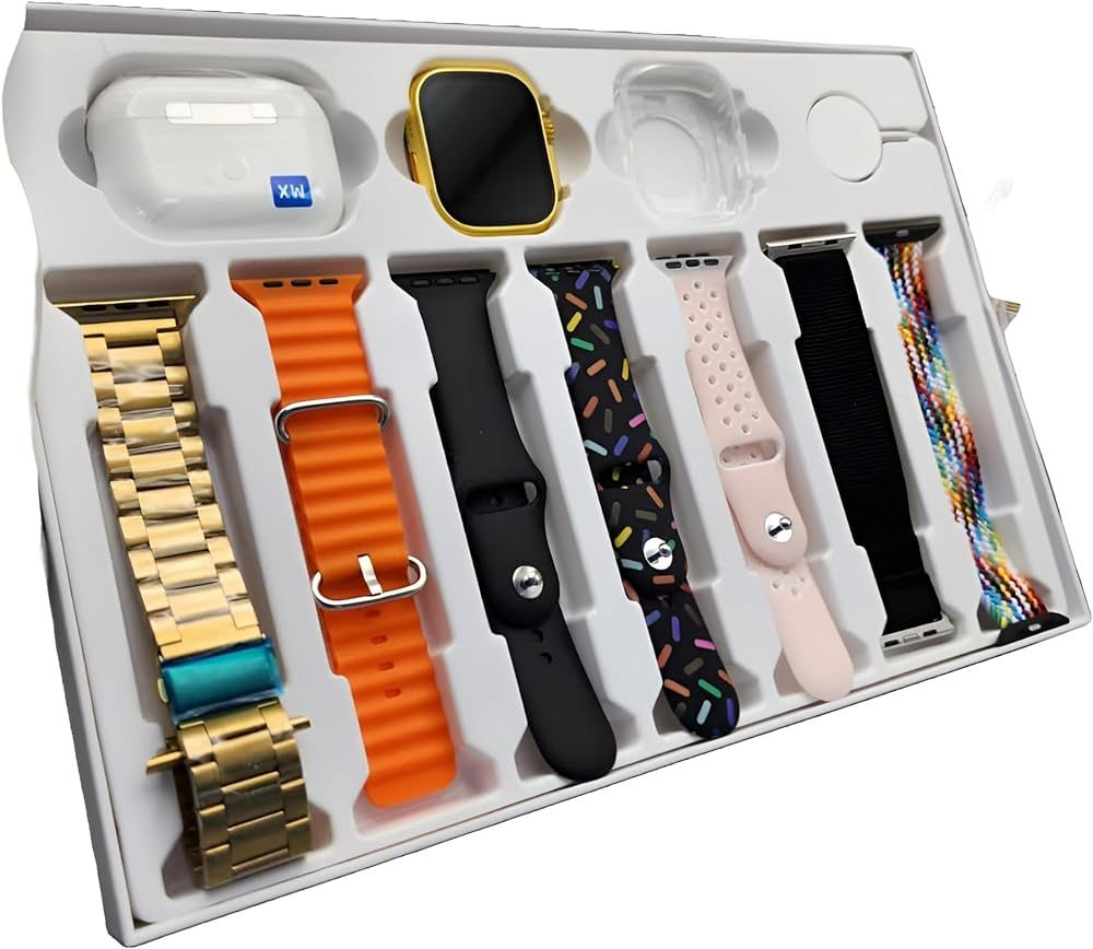 I20 Ultra Max Suit Smartwatch 10-in-1 Box – 2.3-Inch Large Display with 7 Mixed Color Straps and AirPods 2 – Complete Smart Combo Set for Men and Women (Random Color)