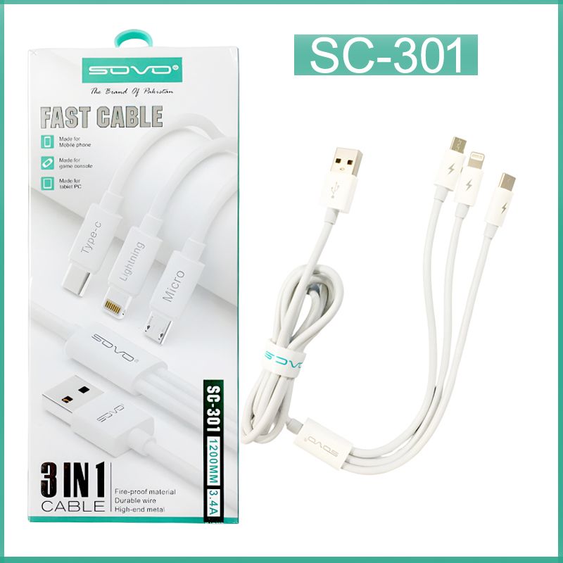 SOVO High Quality 3-in-1 Fast Charging Cable – Multi Charging Cable for Micro USB, Type-C & Lightning Devices