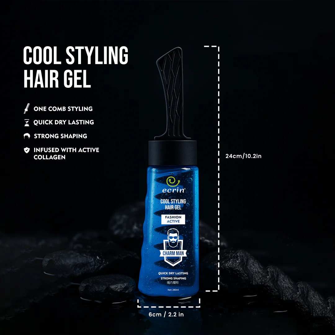 ECRIN Cool Styling Hair Gel with Active Collagen | Strong Hold, No Flakes, Nourishing Formula for All Hair Types, Daily Use Gel with Refreshing Cool Effect - With Comb (280ml) - Image 3